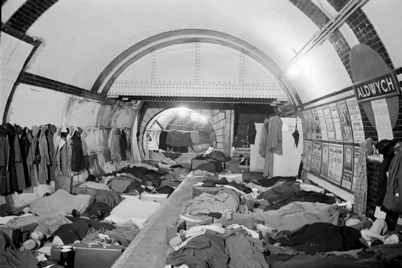 People sleeping in rows along the platform of Aldwych Underground station during the Blitz